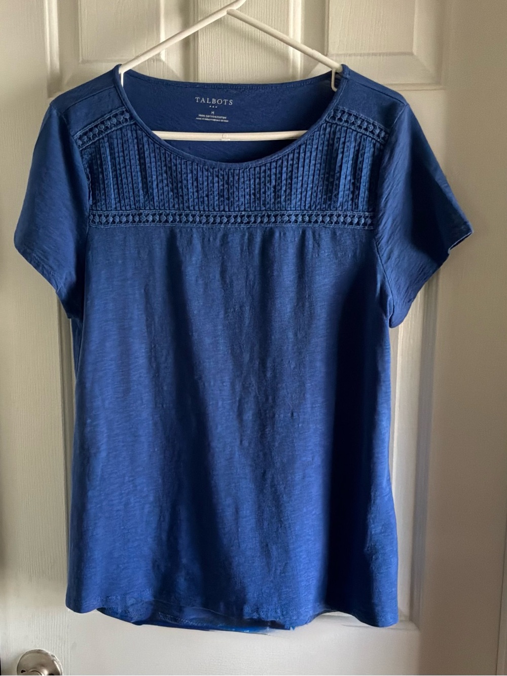 Talbots Royal Blue Short-Sleeve Crochet Yoke Tee